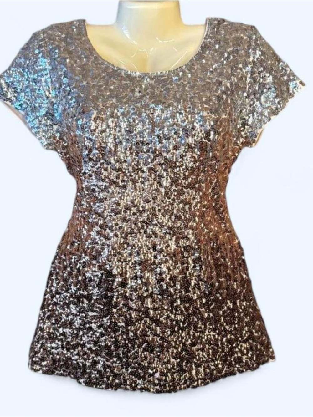 MANER Short Sleeve Sequin Scoop Neck Blouse in Silver